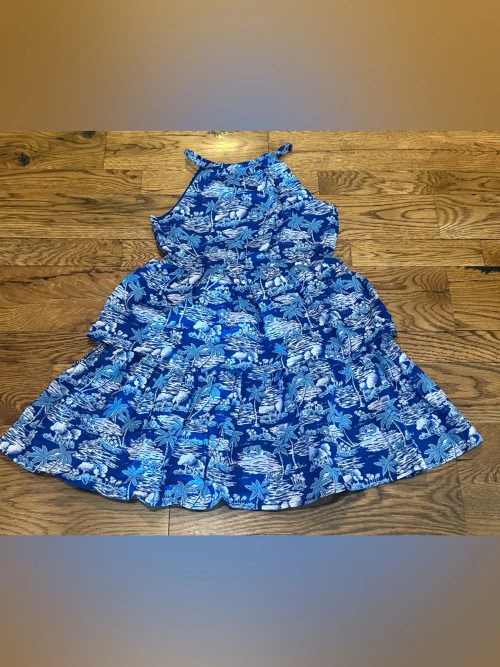 NWT. Janie & Jack. Blue & White Island print Halter Tiered Dress. Size 8.